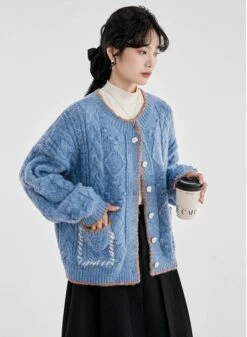 Cable Knit Contrast Trim Oversized Cardigan -Modern Wear Shop ac53e5b8da476bcfc8422d0588faccf2