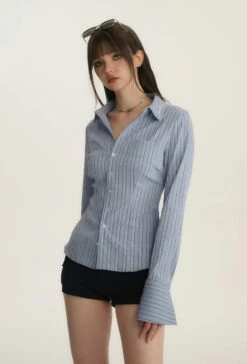 Button-Up Long Sleeve Blouse With Pocket -Modern Wear Shop acba351053677349f2633d14786754c8