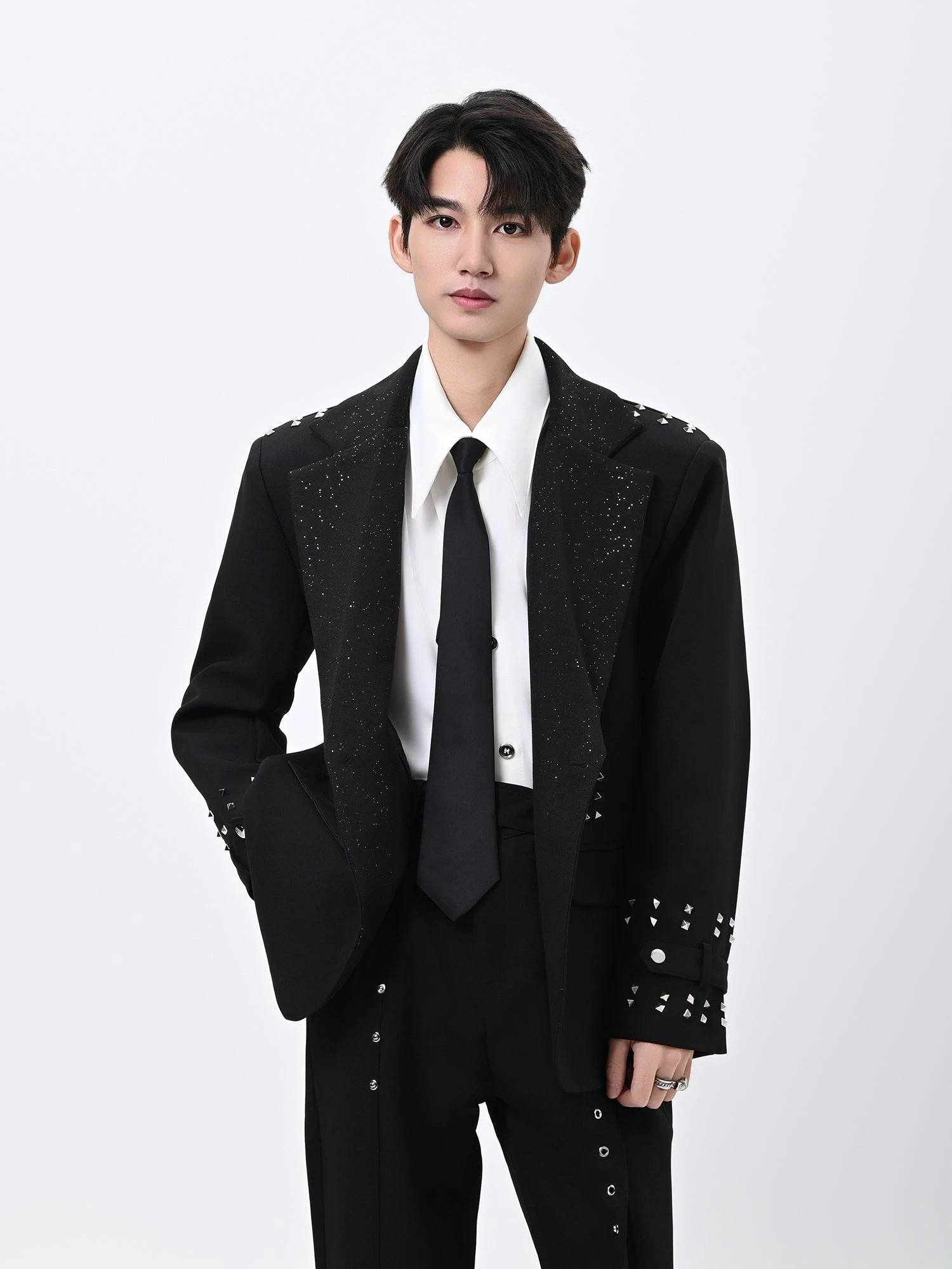 Oversized Embellished Studded Blazer With Glitter Lapel Detail 4 Oversized Embellished Studded Blazer With Glitter Lapel Detail - Image 4