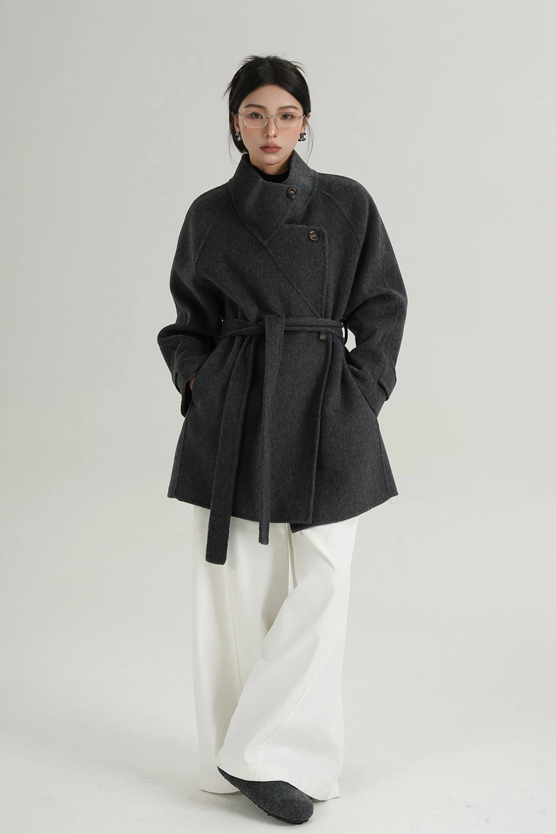 High Collar Asymmetric Button Coat With Belt 11 High Collar Asymmetric Button Coat With Belt - Image 11
