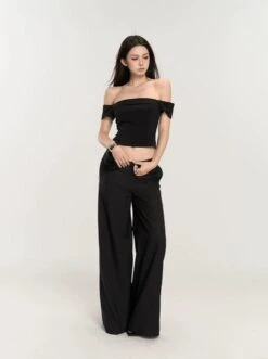 Wide-Leg Low Waist V-Shape Trousers With Floral Accent -Modern Wear Shop ad46f82ad82ab99a1e2438e01f8575e1