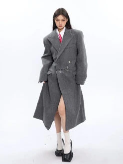 Long Double-Breasted Coat With Silver Accents