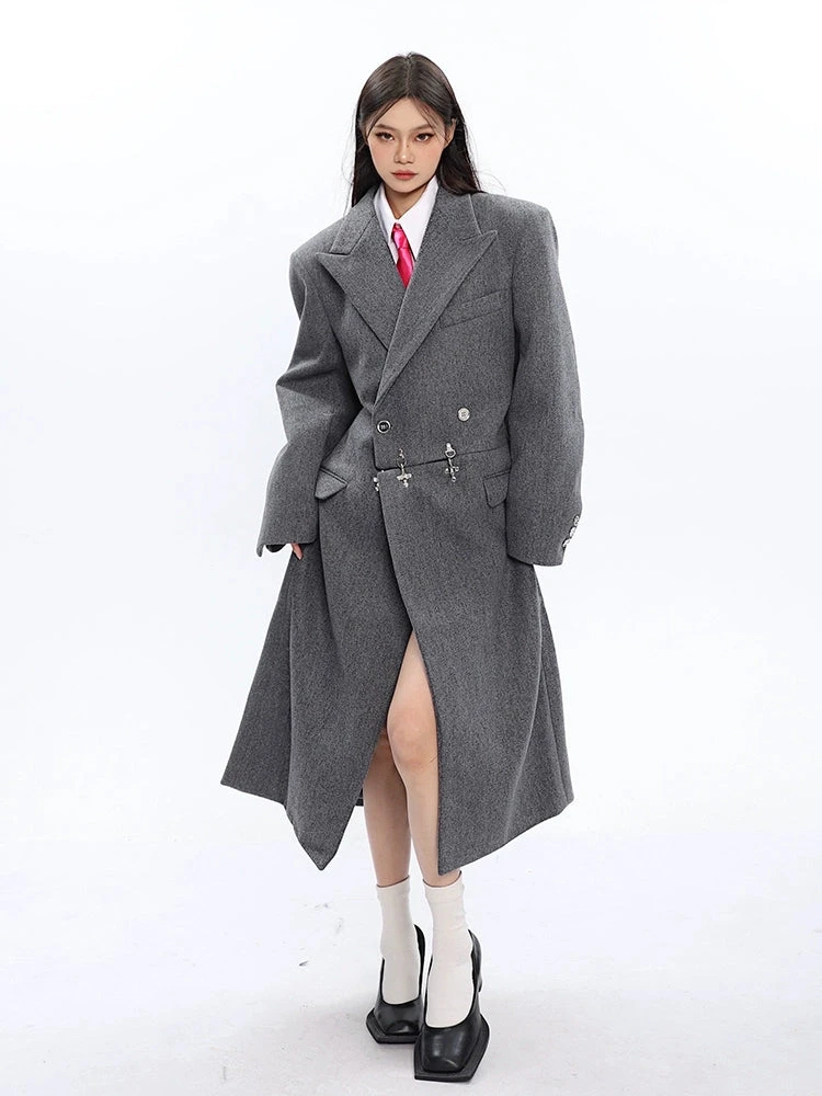 Long Double-Breasted Coat With Silver Accents 1 Long Double-Breasted Coat With Silver Accents