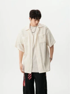 Sheer Open Knit Short Sleeve Button Up Shirt With Chest Pockets -Modern Wear Shop ad74242cc6d9b757af6169610ed2d427