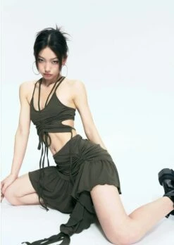 Tie-Up Crop Top And Ruffled Skirt Three-Piece Set -Modern Wear Shop ad7dc96741c44ed1fa602874229808ba