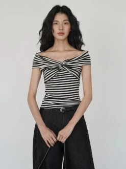 Off Shoulder Twist Front Stripe Top -Modern Wear Shop ad9700314583144de0dbfd5a10ed7d19