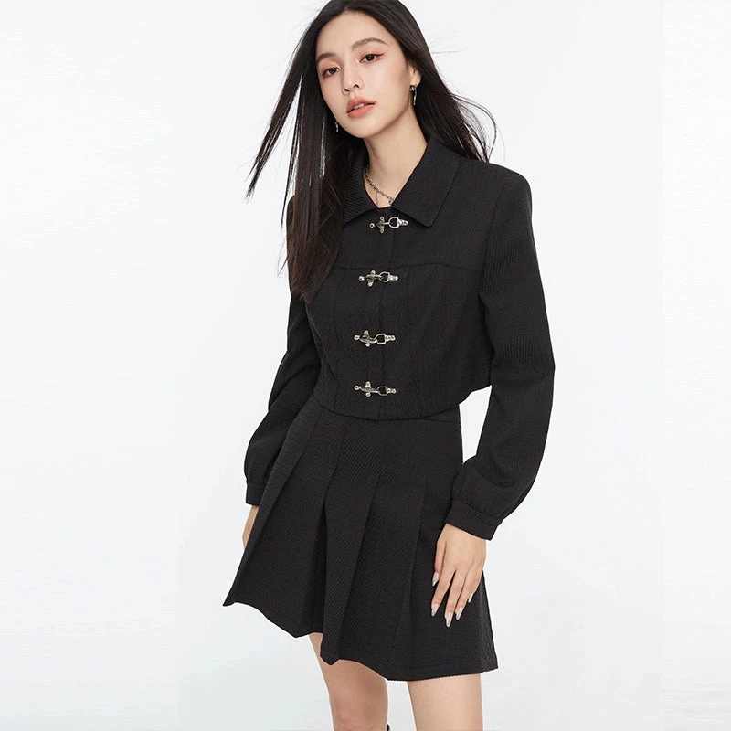 Boxy Collared Crop Jacket With Fireman Buckles And Mini Skirt Two-Piece Set 4 Boxy Collared Crop Jacket With Fireman Buckles And Mini Skirt Two-Piece Set - Image 4