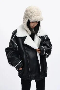 Oversized Faux Leather Jacket With Sherpa Lining And Trim -Modern Wear Shop adaf613065697b2ae3164cfbeeced6ed