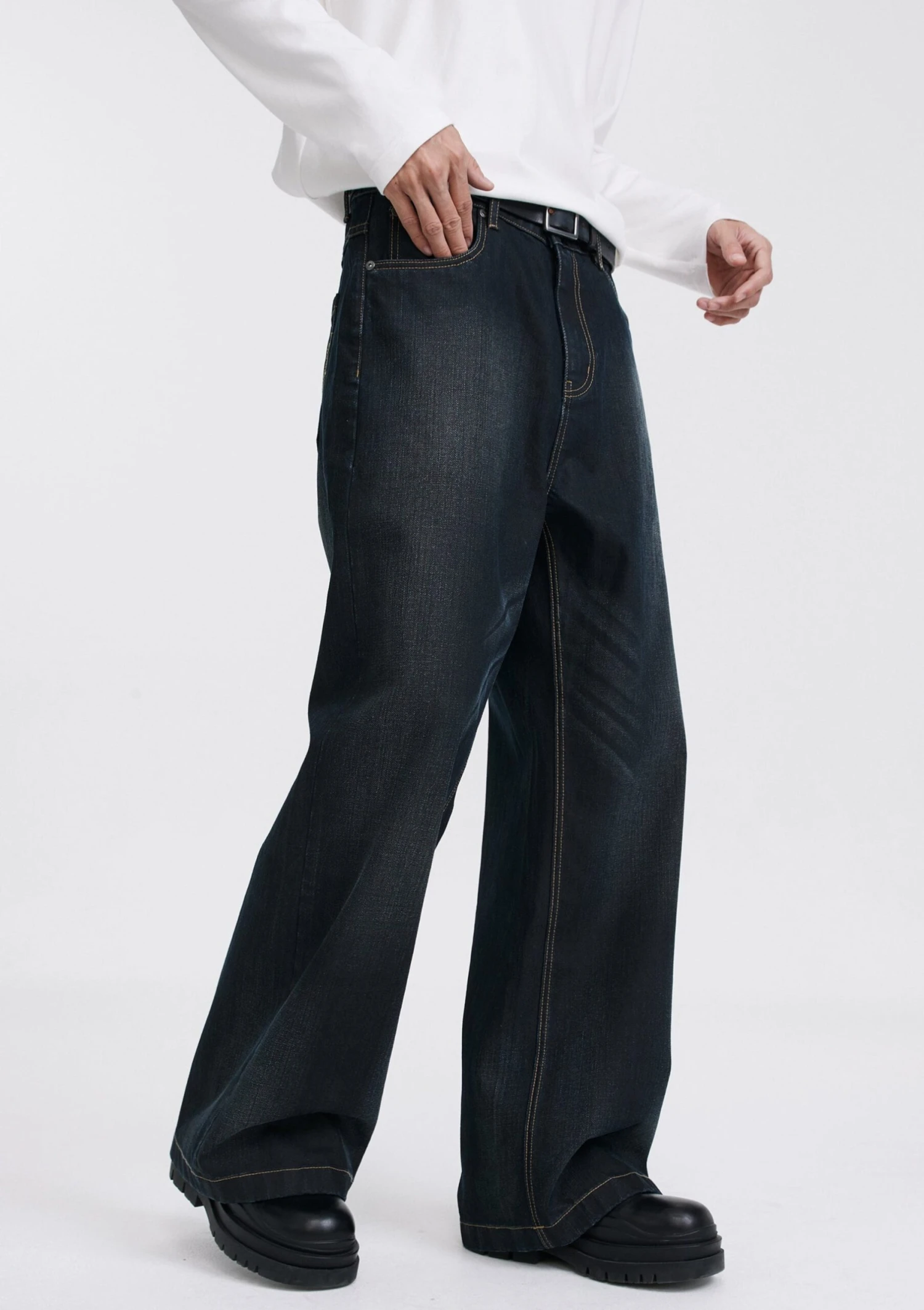 Wide Leg Dark Wash Wax Jeans With Contrast Stitching 4 Wide Leg Dark Wash Wax Jeans With Contrast Stitching - Image 4