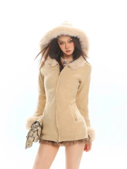 Faux Fur Trim Hooded Zip-Up Knit Jacket -Modern Wear Shop adbb59e47764741a80ee5011f258ac51