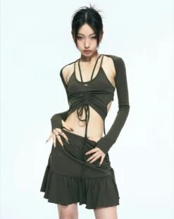 Tie-Up Crop Top And Ruffled Skirt Three-Piece Set