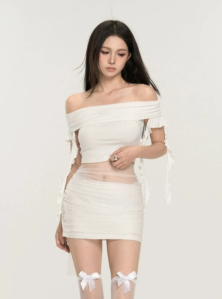 Off-Shoulder Ruched Crop Top With Tie Sleeves 4 Off-Shoulder Ruched Crop Top With Tie Sleeves - Image 4