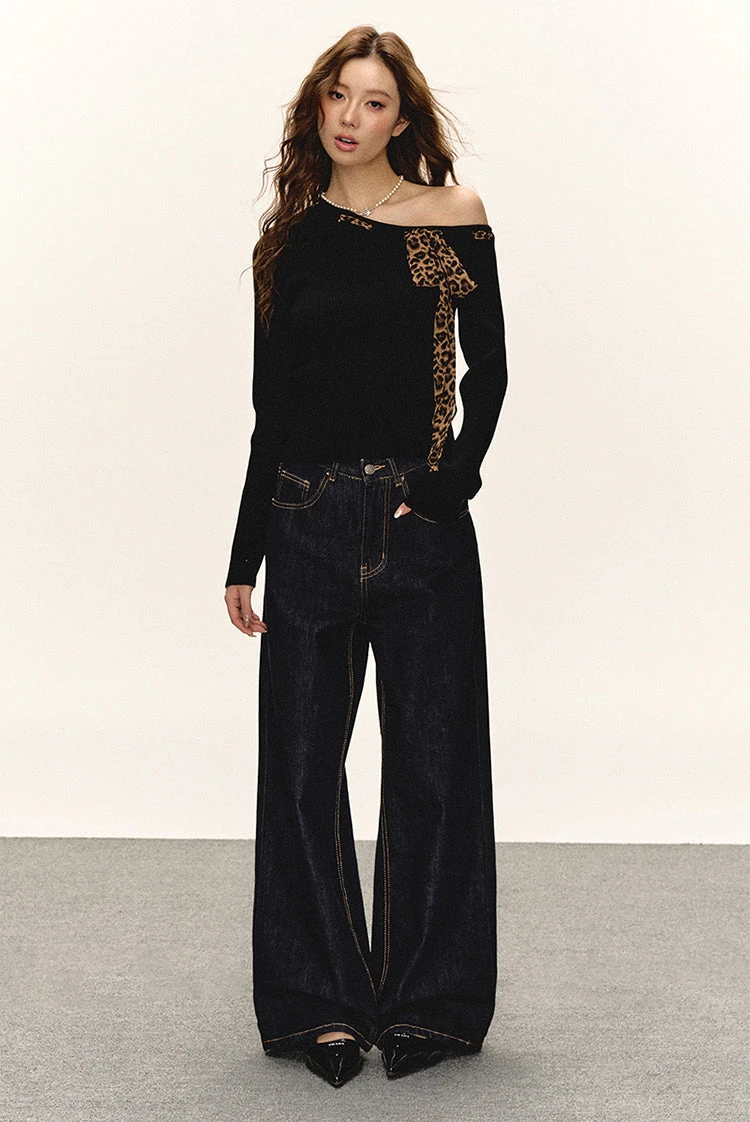 One-Shoulder Ribbed Top With Leopard Print Bow Detail 9 One-Shoulder Ribbed Top With Leopard Print Bow Detail - Image 9