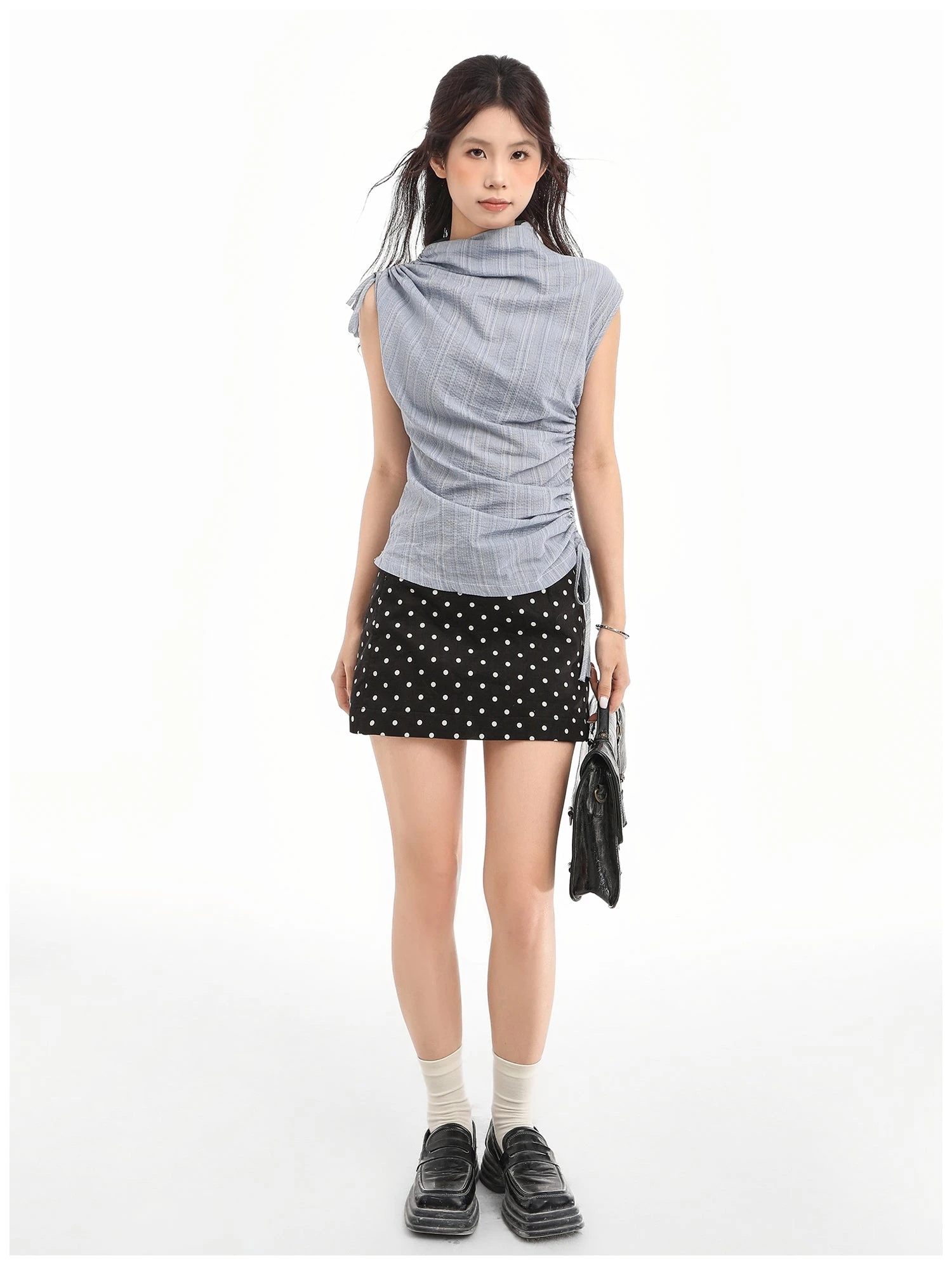 Ruched Side And Shoulder Sleeveless Top With Subtle Stripe Texture 7 Ruched Side And Shoulder Sleeveless Top With Subtle Stripe Texture - Image 7