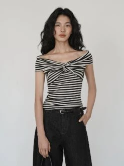 Off Shoulder Twist Front Stripe Top -Modern Wear Shop aead604392d8625c2627e5f5950702e2