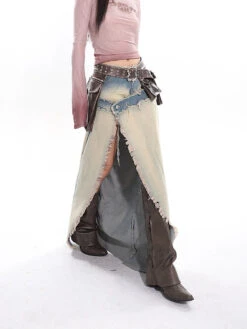 Distressed Trim Denim Patchwork Maxi High Slit Skirt -Modern Wear Shop aeb817ea77d5616e3eb0c0f5a892d663