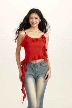 Spaghetti Strap Ruffle Trim Top With Floral Accent -Modern Wear Shop aeb9c75574d68a21a93de11c0341ec13