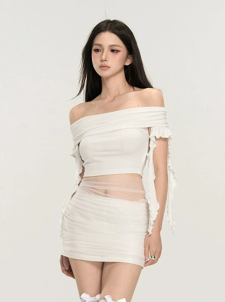 Off-Shoulder Ruched Crop Top With Tie Sleeves 5 Off-Shoulder Ruched Crop Top With Tie Sleeves - Image 5