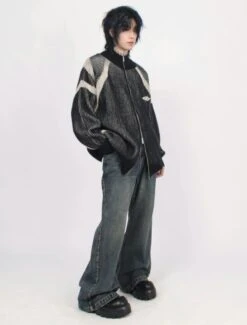 Ribbed High Collar Chevron-Pattern Zip-Up Jacket -Modern Wear Shop af81f0e9aab7cb16588aa28b99e66fc3