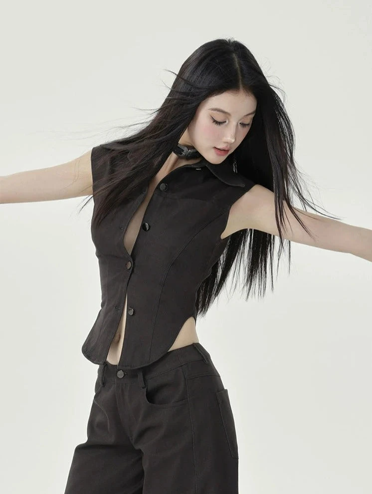 Sleeveless Collared Button-Up Waistcoat Top 9 Sleeveless Collared Button-Up Waistcoat Top - Image 9