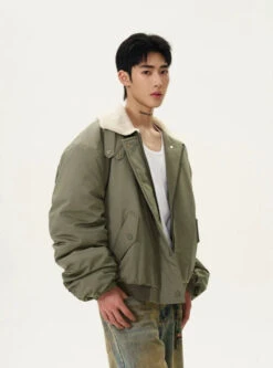 Sherpa Collar Bomber Jacket With Ruched Sleeves -Modern Wear Shop afbd6d5ca68dc8c0c205e92699dc6c8e