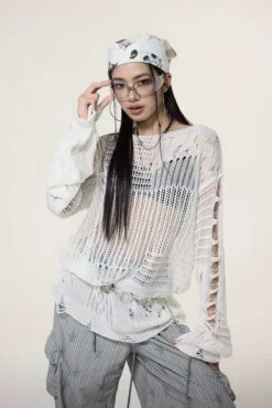 Sheer Knit Pullover With Distressed Detail -Modern Wear Shop b076cb703c3eb84eafd719444f5a7d7f