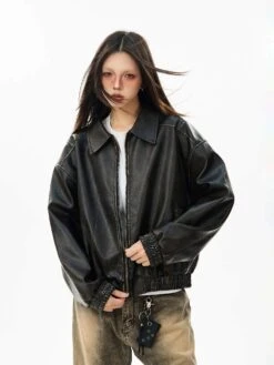 Faux Leather Bomber Jacket With Elastic Cuffs And Hem -Modern Wear Shop b0aea9a926bfb9fdf80c8c9135b54f9e