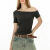 Asymmetric Neckline Slim Short Sleeve Crop Top