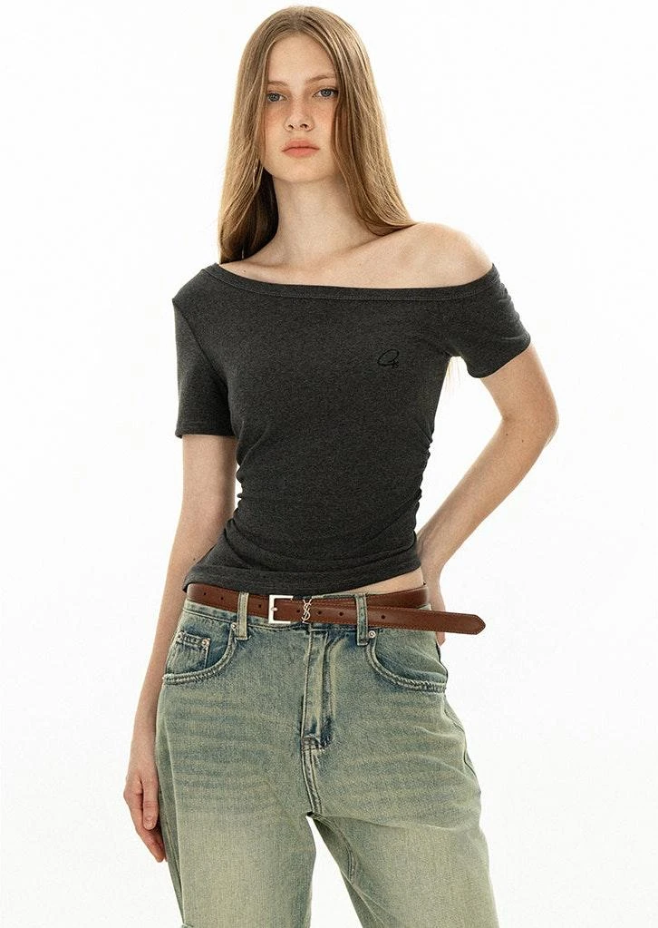 Asymmetric Neckline Slim Short Sleeve Crop Top 1 Asymmetric Neckline Slim Short Sleeve Crop Top