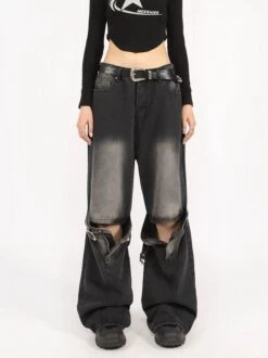 Button Belted Knee-Cutout Straight Faded Jeans 31 Button Belted Knee-Cutout Straight Faded Jeans -Modern Wear Shop b0df83f2269a40445c9da20b4993d7b9