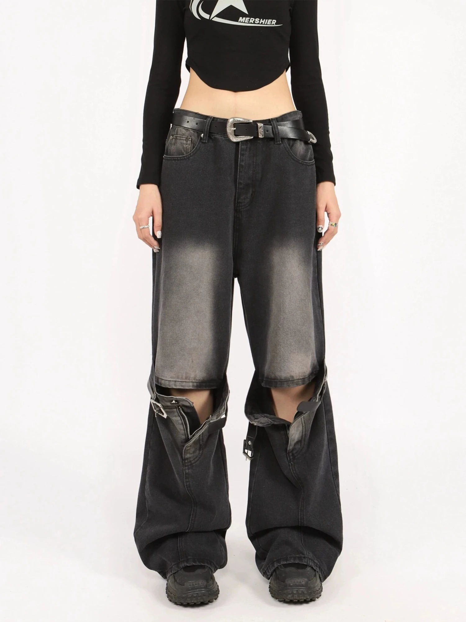 Button Belted Knee-Cutout Straight Faded Jeans 14 Button Belted Knee-Cutout Straight Faded Jeans - Image 14