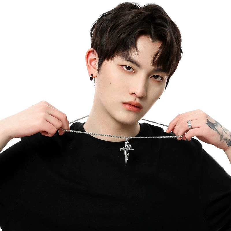 Rose Embellished Cross Pendant Necklace 1 Rose Embellished Cross Pendant Necklace