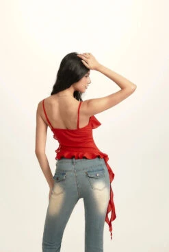 Spaghetti Strap Ruffle Trim Top With Floral Accent -Modern Wear Shop b1654daac4a4a823a60220be5b26f41a