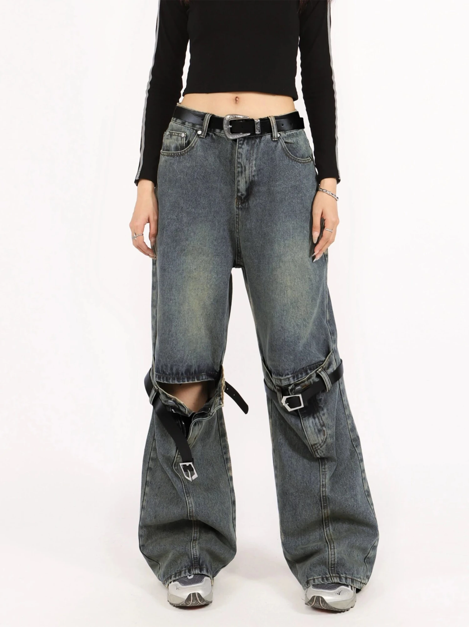 Button Belted Knee-Cutout Straight Faded Jeans 2 Button Belted Knee-Cutout Straight Faded Jeans - Image 2