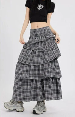 Layered Plaid Maxi Skirt With Ruffle Detail