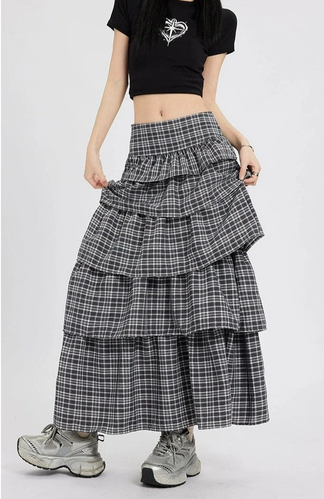 Layered Plaid Maxi Skirt With Ruffle Detail 1 Layered Plaid Maxi Skirt With Ruffle Detail