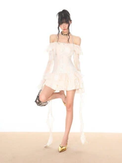 Off-Shoulder Tiered Ruffle Mesh Long Sleeve Mini Dress -Modern Wear Shop b32f0111ccc89a2a1615e861993573f4