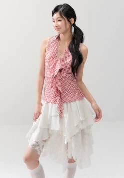 Sleeveless Checker Ruffle Front Tie Halter Top -Modern Wear Shop b3483ec836a7c05a7401c0d07c82b35e