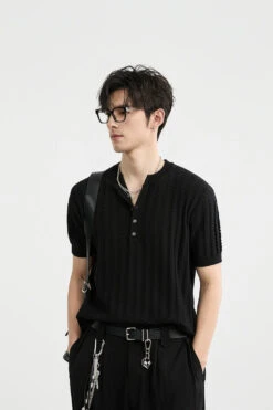 Textured Knit Ribbed Trim Half Button Short Sleeve Shirt -Modern Wear Shop b35739b21ca2106c505a1b4d1f0185a7