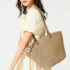 Woven Straw Shoulder Tote With Leather Straps
