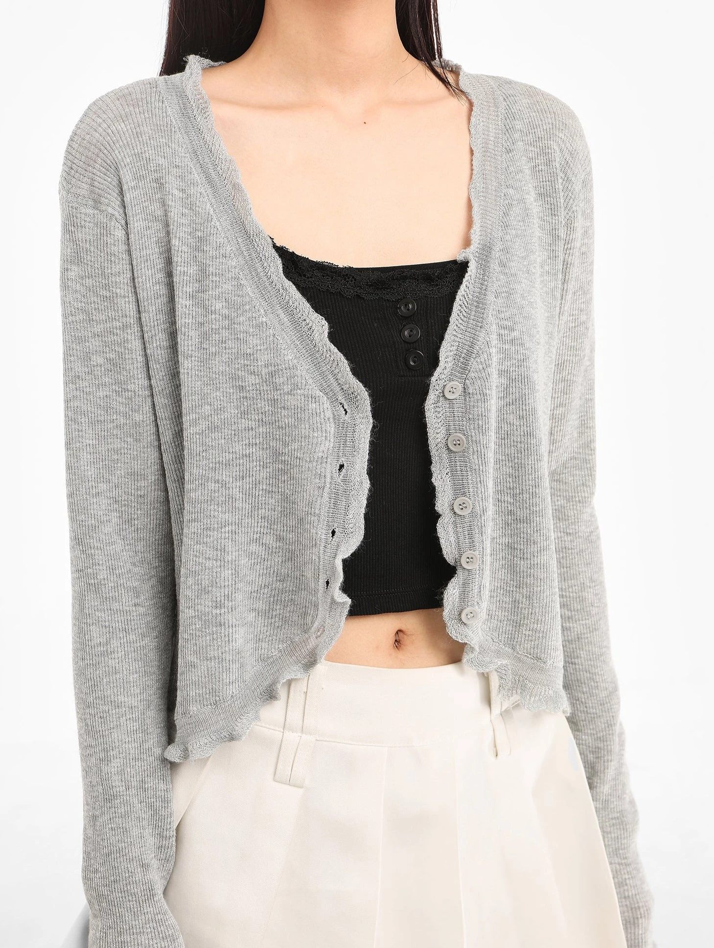 Scallop Hem Sheer Cropped Cardigan 4 Scallop Hem Sheer Cropped Cardigan - Image 4