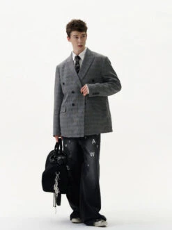 Oversized Distressed Hem Plaid Double-Breasted Blazer -Modern Wear Shop b3bafa4c596c30c6185eb3f09a7f4360