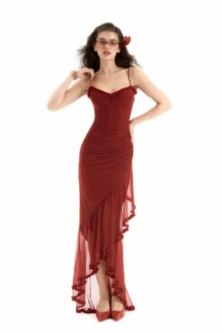 Ruched Mesh Asymmetric Hem Adjustable Strap Maxi Dress -Modern Wear Shop b40fe81150450daff8c2b7b379a3367f