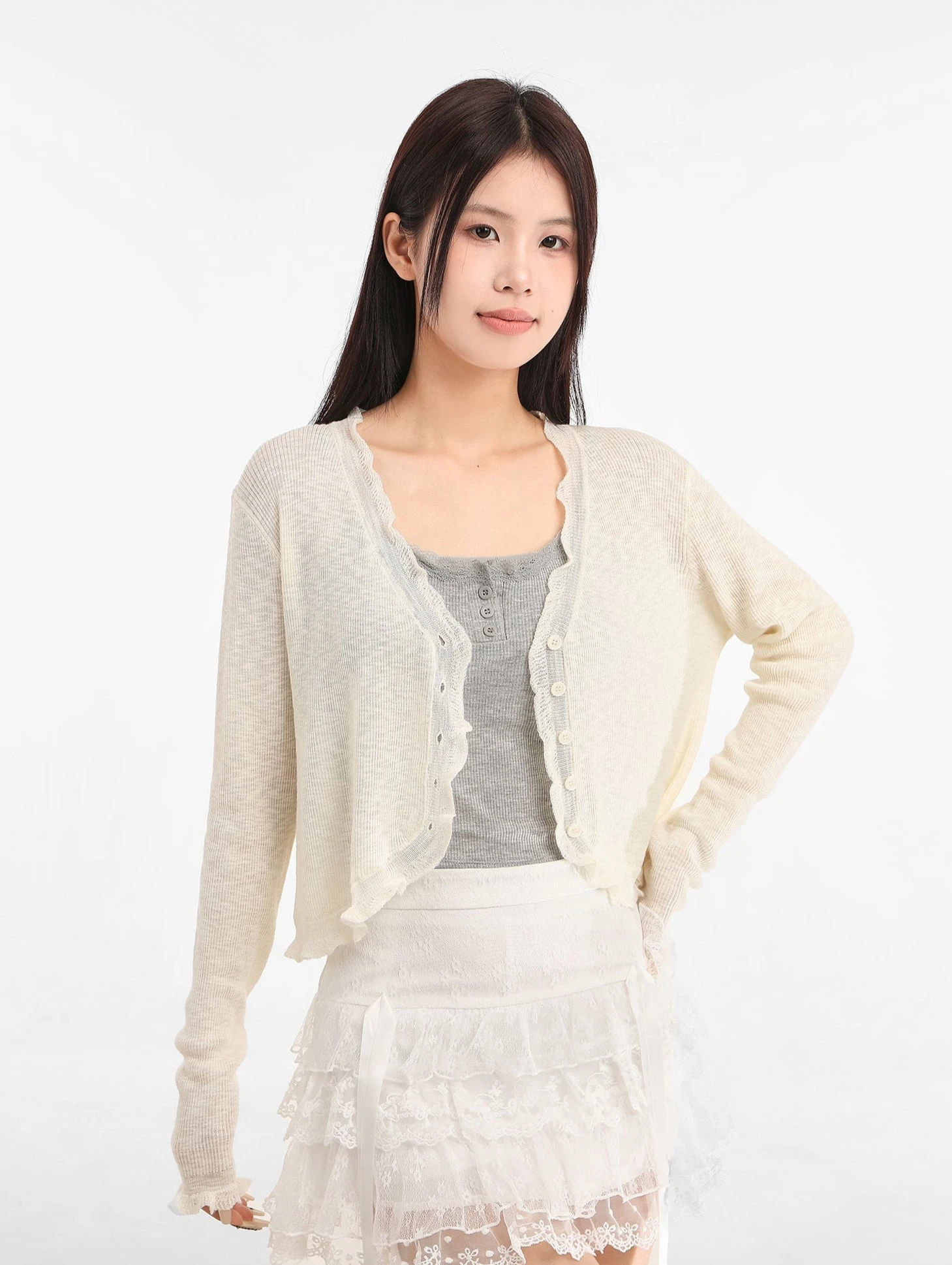 Scallop Hem Sheer Cropped Cardigan 6 Scallop Hem Sheer Cropped Cardigan - Image 6