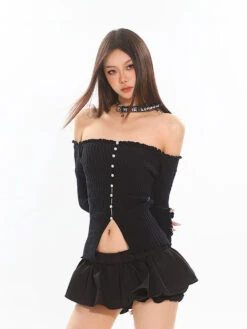 Off-Shoulder Ribbed Crop Top With Pearl Button Detail -Modern Wear Shop b436855ad2e88cd37f0f1146a80785c6