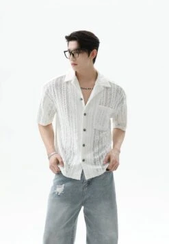 Button-Up Sheer Lace Shirt With Geometric Pattern