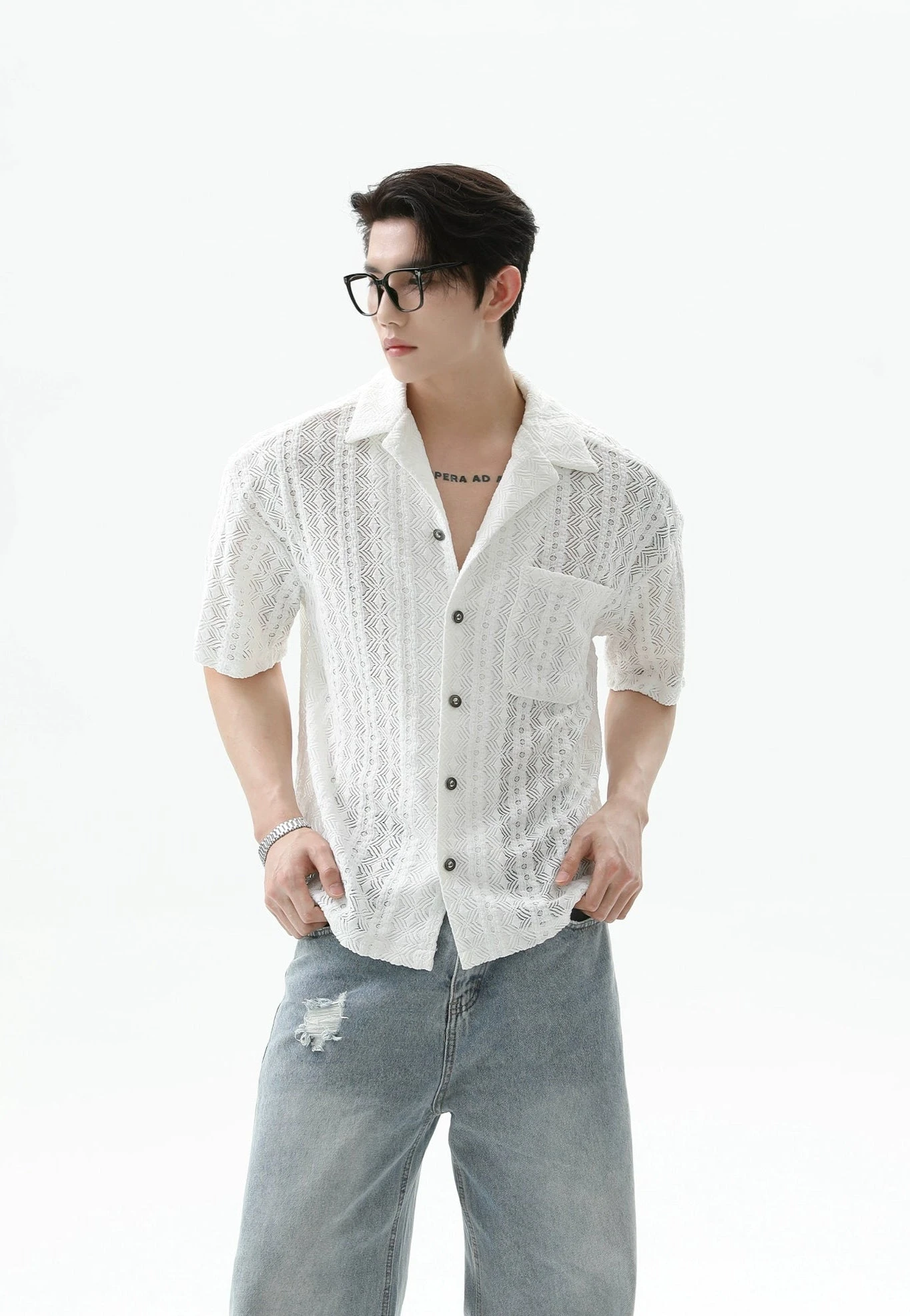 Button-Up Sheer Lace Shirt With Geometric Pattern 1 Button-Up Sheer Lace Shirt With Geometric Pattern