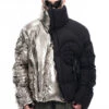 Two-Tone Metallic Puffer Jacket With Rosette Detail