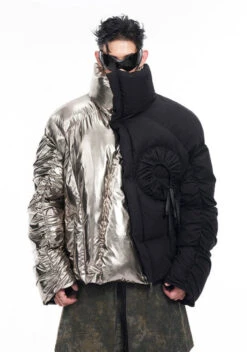 Two-Tone Metallic Puffer Jacket With Rosette Detail