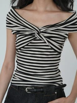 Off Shoulder Twist Front Stripe Top -Modern Wear Shop b48cb589808f7f9155699bd763041ff3
